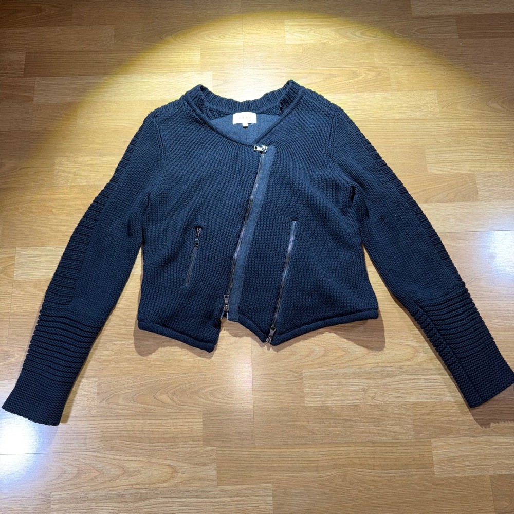Shae Womens Navy Blue Asymmetrical Zip Moto Knit Cardigan Sweater jacket large